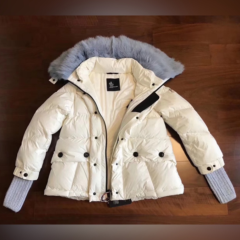 Moncler White Ski Jacket with Blue Fur Trim